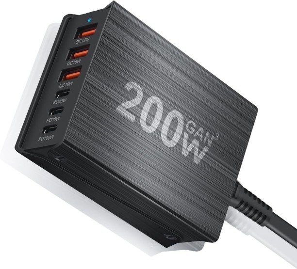 Happyfun 200W GaN III 6 Ports USB C Fast Charging Station Hub Block Portable Wall PD Charger Power Adapter with 3 USB-C + 3 USB-A GaN 4 A Mobile Charger