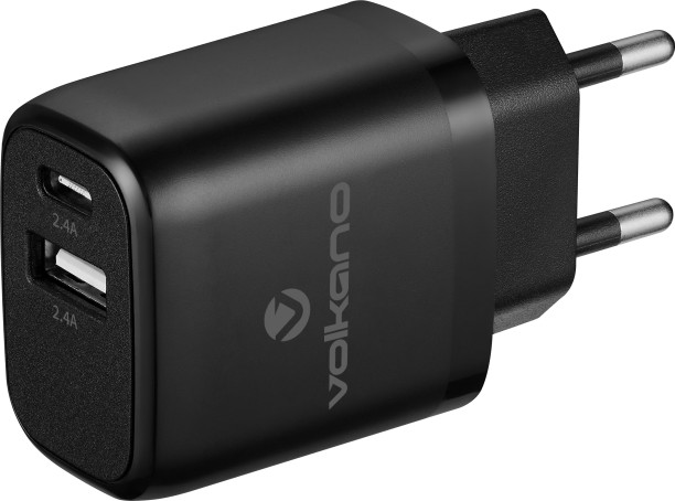 Volkano Cupla series 5V/2.4A 12W Dual USB-A & USB-C wall charger - Black 3.1 A Multiport Mobile Charger