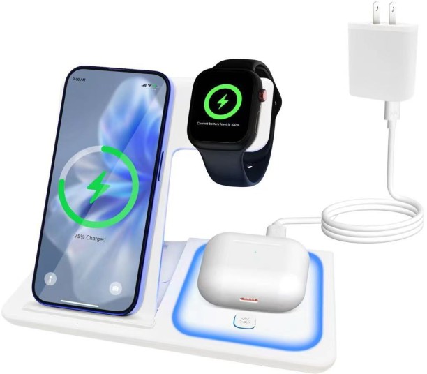 finevr 3 in 1 Charger Stand Multiple Devices for Apple - iPhone 17 16e 16 15 14 Pro Max 13 12 11 - Watch 10 9 8 7 6 5 4 3 2 SE and Ultra Series - Airpods 4 3 Pro Qualcomm 3.0 3 A Smartwatch Charger