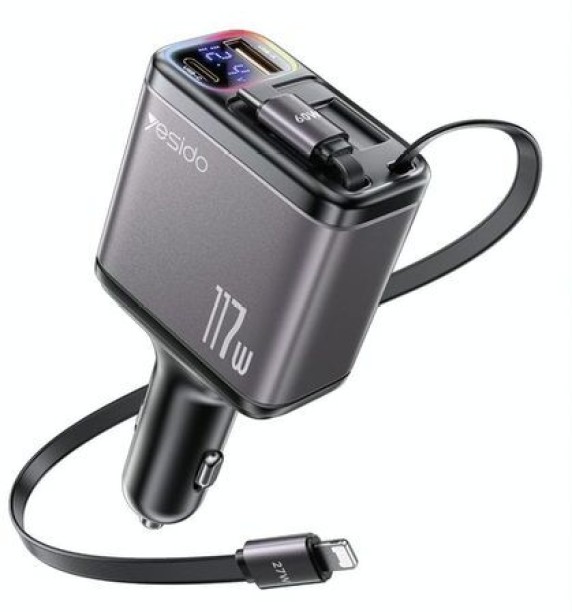 Yesido 4in1 117W Car Charger-USB-C Retractable Cables Fast Charging Y63 PD 5 A Multiport Mobile Charger