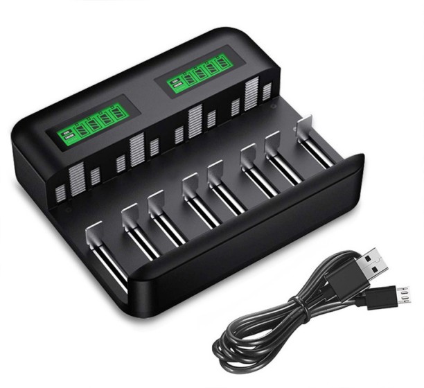 Solala LCD 8 Bay Battery Charger, AA AAA C D Rechargeable Battery Charger for Rechargeable Batteries Ni-MH AA AAA C D Batteries with 2A USB Port, Type C Input Adaptive Charging 0.2 A Multiport Battery Charger with Detachable Cable
