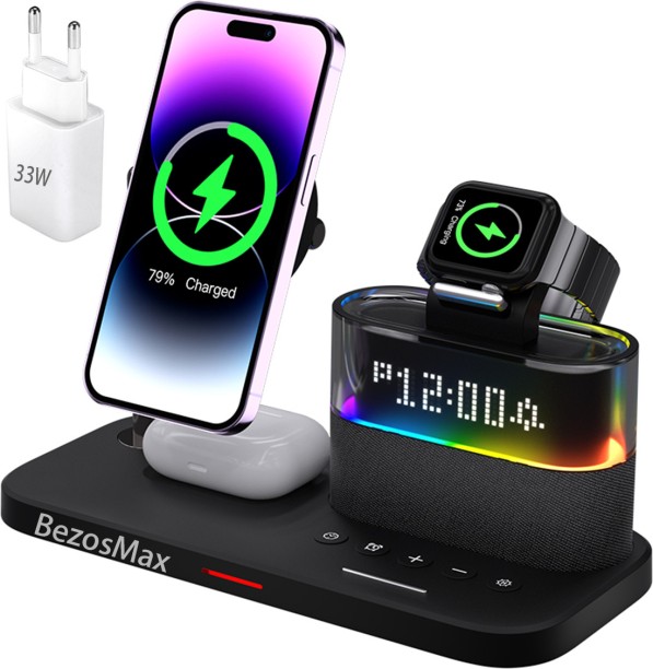 BezosMax 5 in 1 Wireless Charger Station with 33W Adapter, Magnetic Charging Stand with RGB Night Light Digital Alarm Clock 12/24H, Compatible iPhone 16 15 14 13 12 Apple Watch 10 9 Ult 2 Adaptive Charging 15 A Mobile Charger with Detachable Cable
