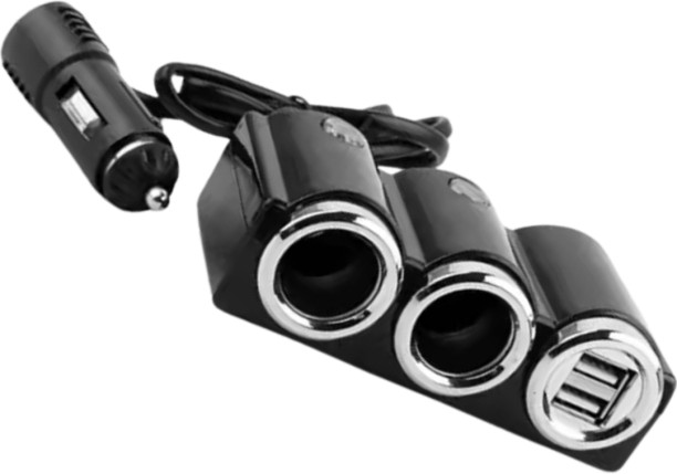 In-Car Cigarette Lighter Socket with Blue LED Indicator 2 USB Car Charger 15 A Multiport Mobile Charger with Detachable Cable