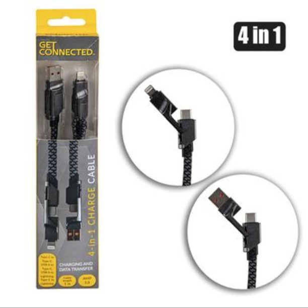 Get Connected 4 in 1 USB Cable 3 A Mobile Charger with Detachable Cable