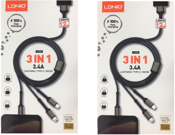 LDNIO Pack of 2 x Cable - charging 3 in 1 -LC93 3.4a 1.2m Mobile Charger with Detachable Cable