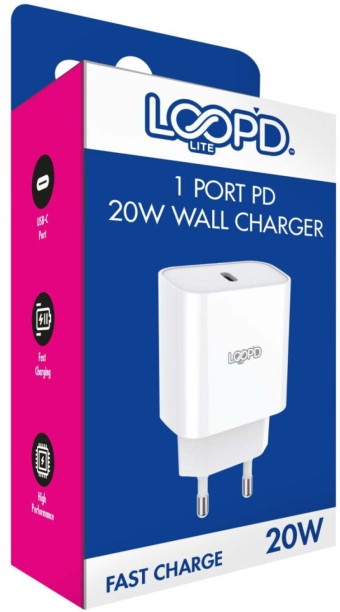 Loopd Lite 1 Port 20W Pd Wall Charger Adaptive Charging 3 A Mobile Charger with Detachable Cable