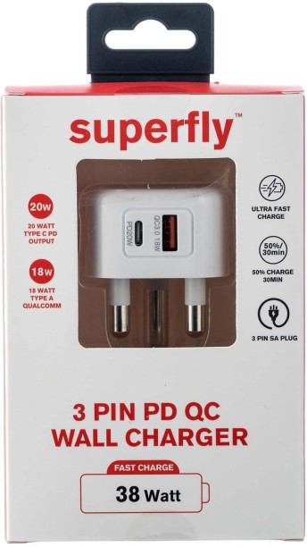 Superfly 3Pin Pd Qc Wall Charger White Adaptive Charging Multiport Mobile Charger