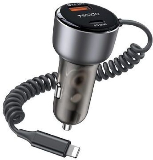 Yesido Y57 50W PD + QC3.0 Dual Port Car Charger with 8 Pin Spring Cable PD 3 A Multiport Mobile Charger