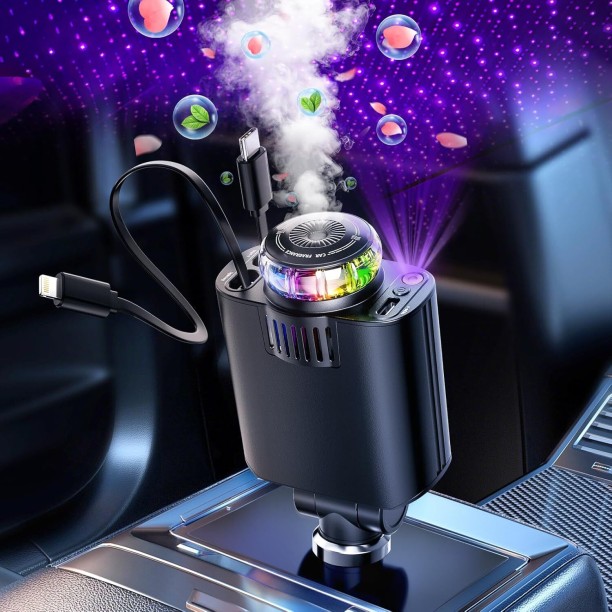 Fantasy Town Starlight Retractable Car Charger with Car Aromatherapy Essential Oil Diffuser Adaptive Charging 3 A Multiport Mobile Charger with Detachable Cable