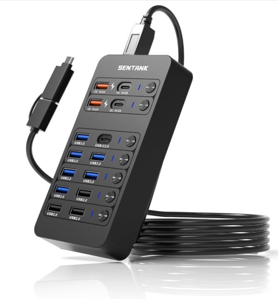 spark Powered USB Hub,14 Ports USB Data Hub Splitter with 6 USB 3.0 Port Adaptive Charging Multiport Mobile Charger with Detachable Cable