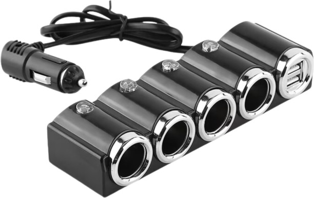 In-Car Cigarette Lighter Socket with Blue LED Indicator 4 USB Car Charger 15 A Multiport Mobile Charger with Detachable Cable