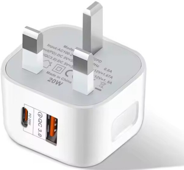 RAR Fast Charging Dual Port Plug 20W - Type C & USB A Charger Adapter for UK Devices Adaptive Charging 1 A Battery Charger with Detachable Cable