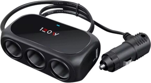 Olesson USB And Three Sockets Car Charger 2.4 A Multiport Mobile Charger with Detachable Cable