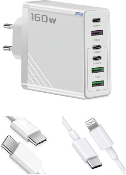 Super Fast 6 Ports + Type-C to C & Lightning Cables PD 5 A Multiport Mobile Charger with Detachable Cable