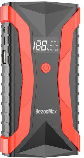 BezosMax 2500A Car Jump Starter with 12V Battery Pack for SUV Motorcycle, Portable Power Bank with QC 3.0 & LED Flashlight, Professional Emergency Starter Tool for Road Trip Camping 15 A E-car Charger with Detachable Cable