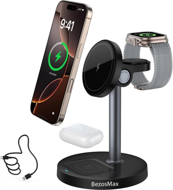 BezosMax 3 in 1 Wireless Charging Station, 15W Fast Charging Stand for iPhone Adaptive Charging 15 A Mobile Charger with Detachable Cable