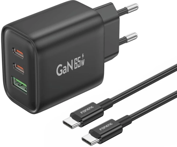 FONENG Certified PD 65W Fast Charge Dual Type-C & USB Laptop Power Adapter GaN 5 A Multiport Mobile Charger with Detachable Cable