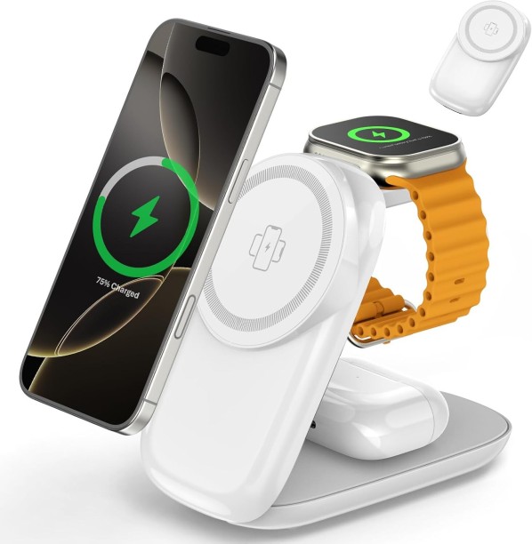charger Foldable Wireless Charger, Fast Max Charging for iPhone 16/15/14/13/12 Pro Max, 3 in 1 Charging Station for Watch 10－3 & AirPods Pro/4/3（White Multiport Smartwatch Charger