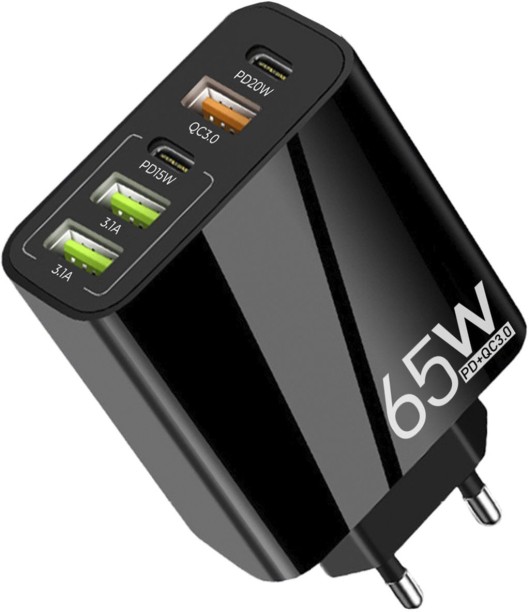 Spark 65W USB Multi Charger, 5 in 1 USB Charger, 3 USB Power Ports & 2 PD 3.0 1 A Multiport Mobile Charger with Detachable Cable