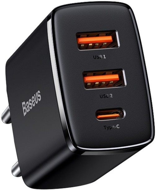Baseus Compact Quick Charger 2U+C 30W - Black Multiport Mobile Charger with Detachable Cable