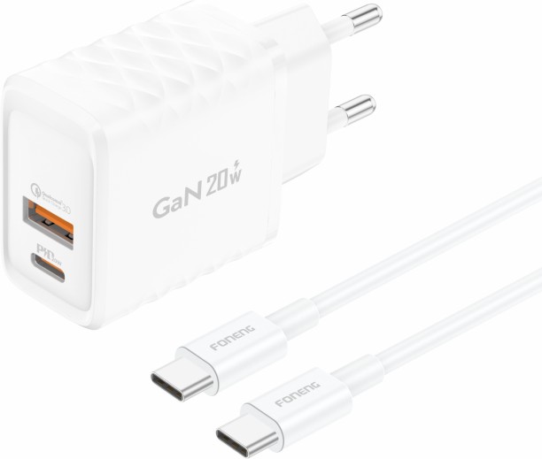 Foneng USB-C Fast Charging Adapter 20Watt With USB-A + USB-C Port GaN 3 A Multiport Mobile Charger with Detachable Cable