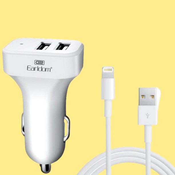 Earldom - ES-131 - Dual USB Car Charger With iPhone Cable - White PD 2.4 A Multiport Mobile Charger with Detachable Cable