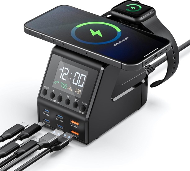 RAR 240W Charging Station for Multiple Devices,8-Port Wireless Charger USB C Fast for MacBook/Android Phones/iPad/Tablets,Home Multi-Device Organizer Charging Dock with Alarm Time Display Quick Charge iPod Charger