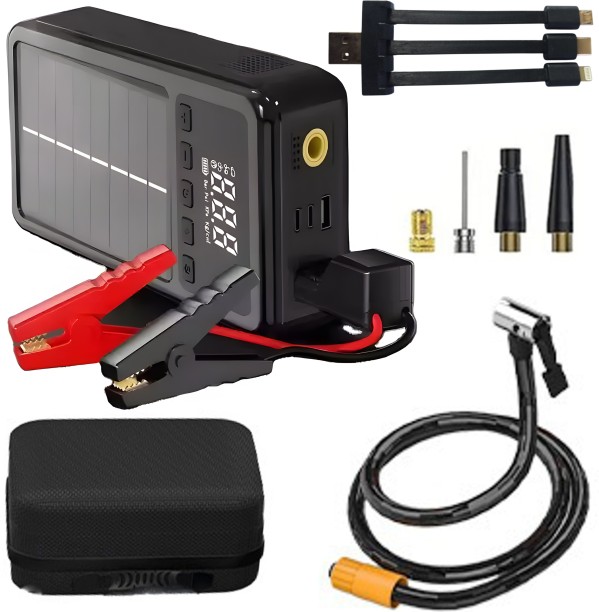 fame inc Solar 4 In1 Emergency Car Booster, Inflator, Power Bank, Flashlight & Case Battery Jumper Starter