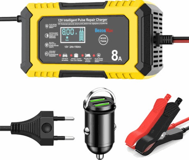 BezosMax Smart Battery Charger, Portable Jump Box with Fast Charging & LED Display, 12V/8A IntelligentPulse Repair Charger Battery Jumper Kit