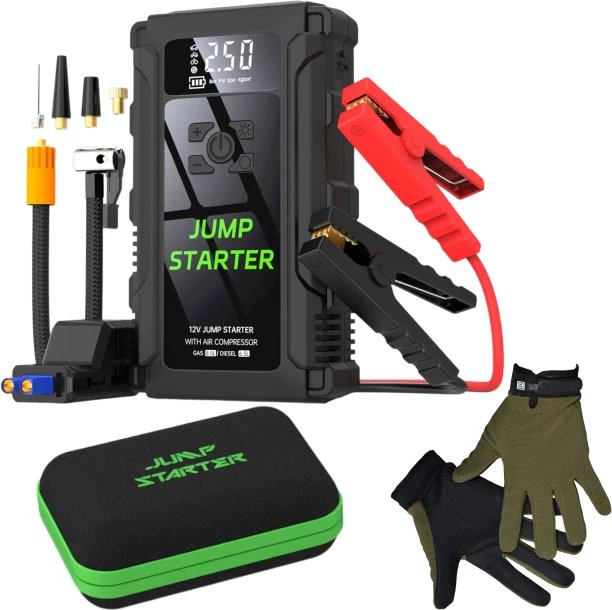 Fame inc 4 In 1 Emergency Car Booster, Tire Inflator, Power Bank, Flashlight & Glove Battery Jumper Starter
