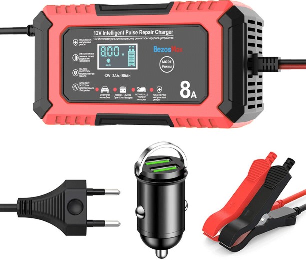 BezosMax 12V Smart Battery Charger with LED Display, Battery Maintainer Trickle Charger & Desulfator, 4 Modes Automotive Battery Charger with Pulse Repair & Temperature Control Battery Jumper Kit