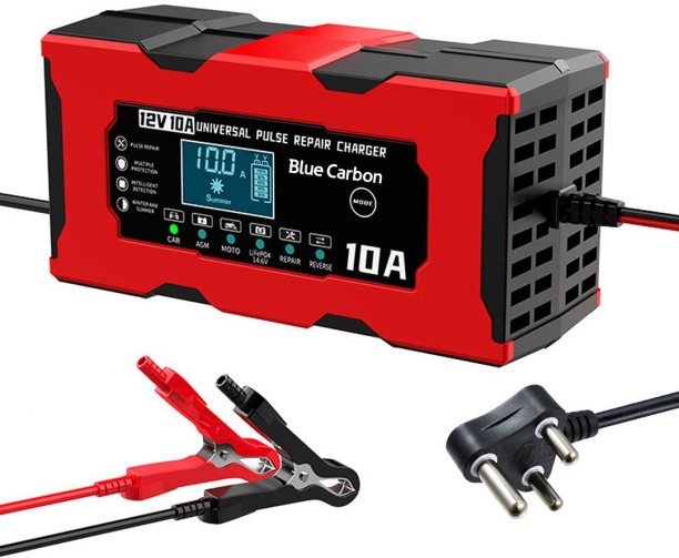 Blue Carbon Car Intelligent Pulse Repair Battery Charger 12V 10A with LCD Display Battery Jumper Kit