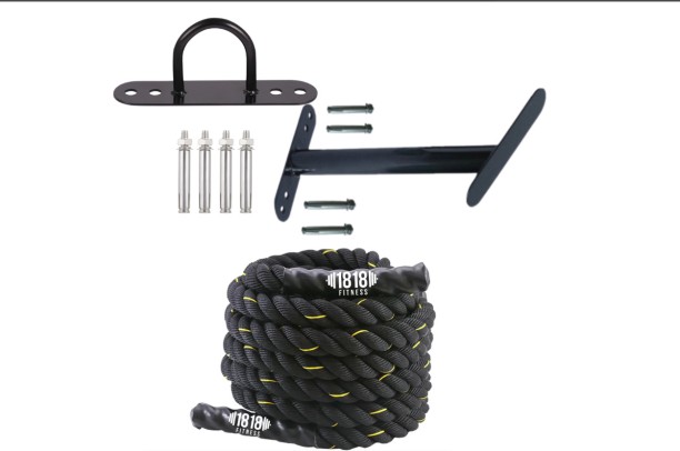 HOME GYM Battle Rope 9m - 38mm Thick, Wall Anchor & Wall Rack Set Battle Rope