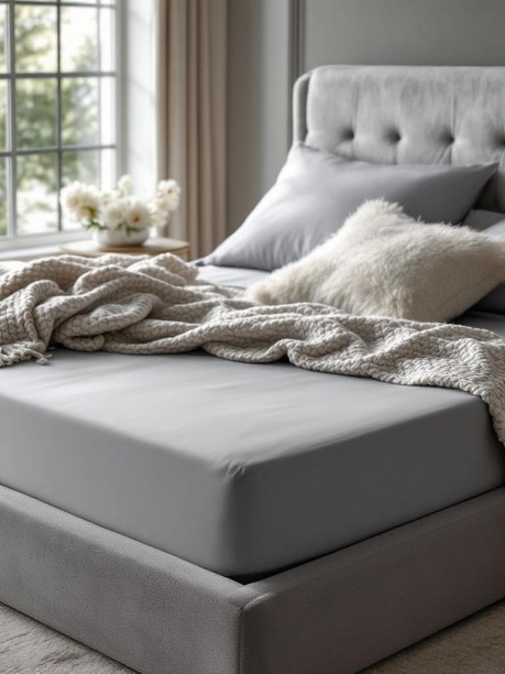 TGM Double Grey High-Quality Microfiber Fitted Sheet 144 TC Microfiber Double Solid Fitted (Elastic) Bedsheet Adults