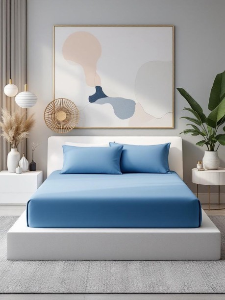 TGM Queen Blue High-Quality Microfiber Fitted Sheet 144 TC Microfiber Queen Solid Fitted (Elastic) Bedsheet Adults