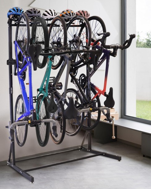 SHEIKHS 5 Bikes Freestanding Vertical Bike Rack Storage with Helmet Holders Home Bike Storage Stand
