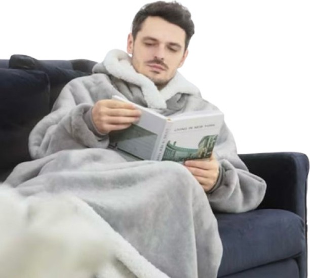 GENERIC (25 cm x 30 cm) Winter Warm TV Blanket with Sleeves Big Pocket Fleece Family Sherpa Hoodies Oversized Flannel Soft Hooded Robe Blankets Grey (AC Blanket)