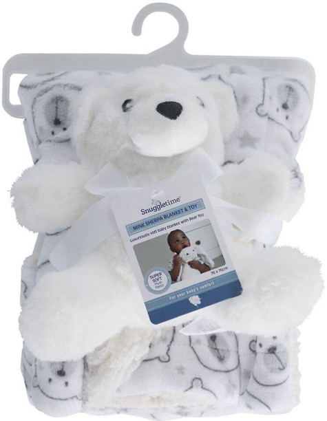 Snuggletime (76 cm x 76 cm) Mink Sherpa Blanket - Grey & White with Bear Toy (Mink Blanket)