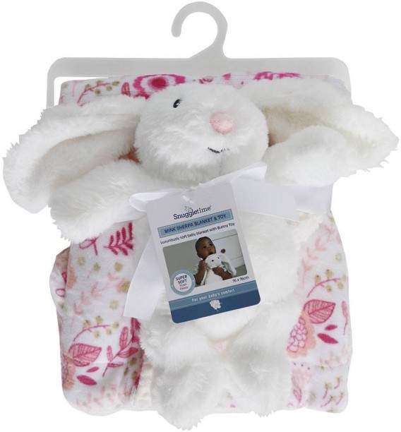 Snuggletime (76 cm x 76 cm) Mink Sherpa Blanket - Pink & White with Bunny Toy (Mink Blanket)