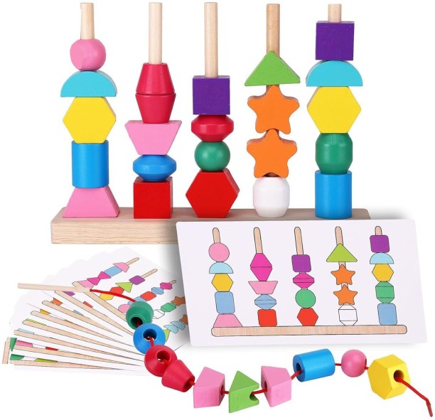 Cart In Mart Montessori Bead Sequencing Toy Set, Wooden Stacking Blocks for Kids Wooden Blocks