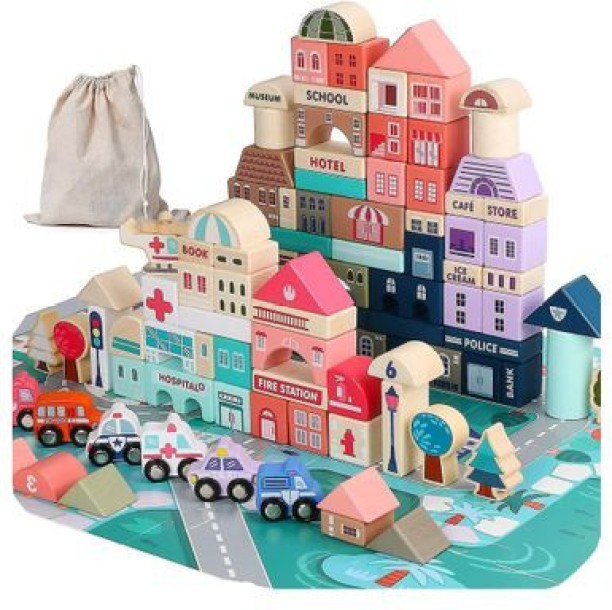 ZIP Toys 115 Pieces Wooden City Building Blocks, Construction B4351 Houses & Buildings