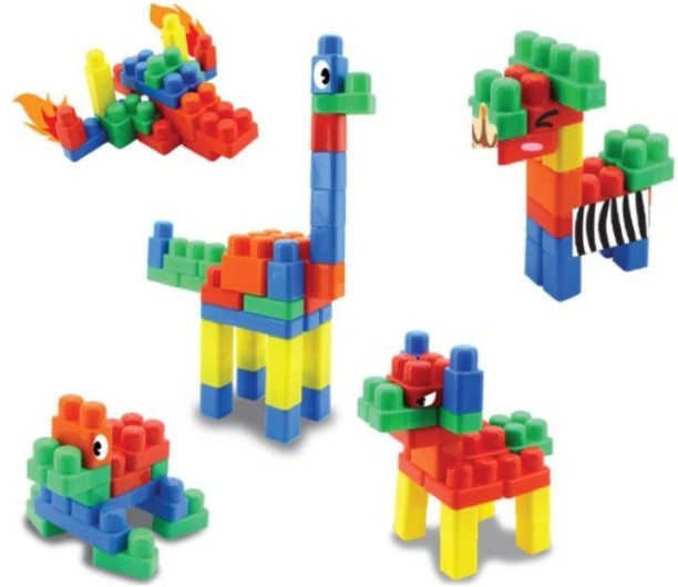 Sunta Boys Building Blocks Round Edges & Stickers - 62 Pieces In Carry Bag Animals