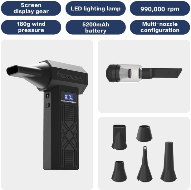 Max (Black With Vacuum)Turbo Jet Fan 52m/s Air Blower 4 Gears Adjustable Speed Wireless Vacuum Cleaner Duster Leaf Blower
