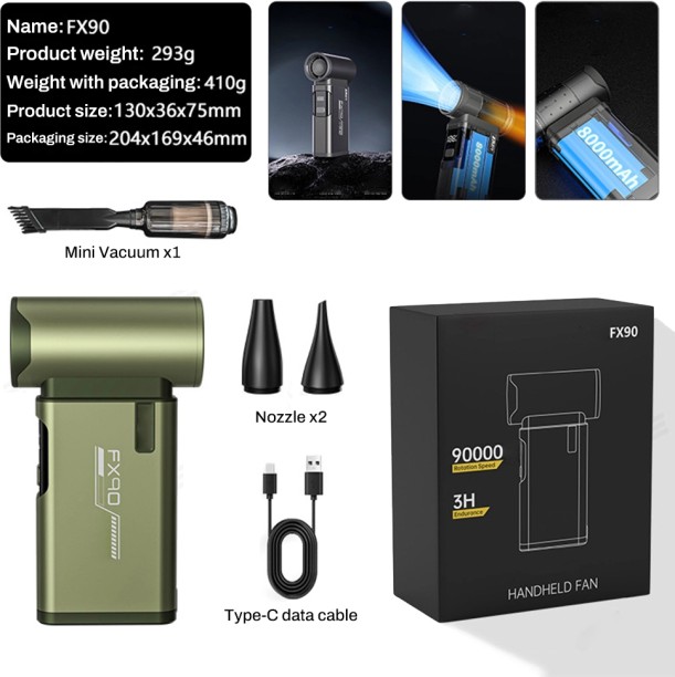 Max (Army Green)FX90 Wireless Blower Aluminum Powerful Air Vacuum Blower High-Power Handheld Violent Fan Leaf Blower