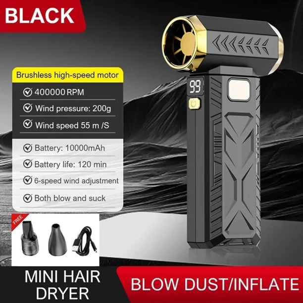 Max (Black)M18 Brushless Turbo Jet Fan Blower Powerful Electric Portable Dust Cleaner 53m/s Type-C Charging Leaf Blower