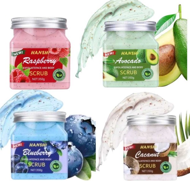 HANSHI 4 Piece Exfoliating Face And Body Scrub (Rasberry , BlueBerry , Avocado , Coconut) Body Wash