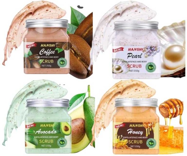 HANSHI 4 piece Exfoliating face And Body Scrub ," Peach , avocado , Coffee, Honey" Body Wash