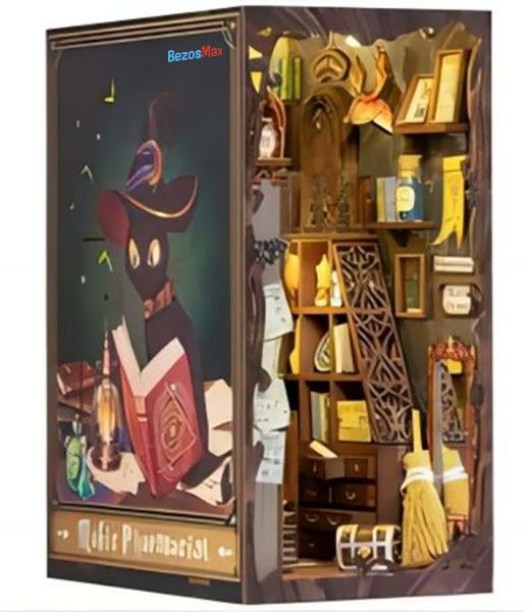 BezosMax DIY Book Nook Kit with Dust Proof, 3D Wooden Puzzle Bookshelf Insert Decor MP, DIY Miniature House Room Kit for Adults Teens Beginners Free Standing Book Shelf