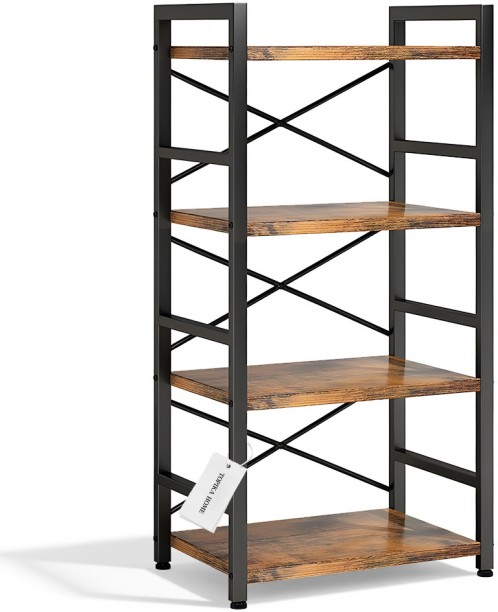 Topika Narrow Industrial Bookcase Cast Iron, Wood Free Standing Book Shelf