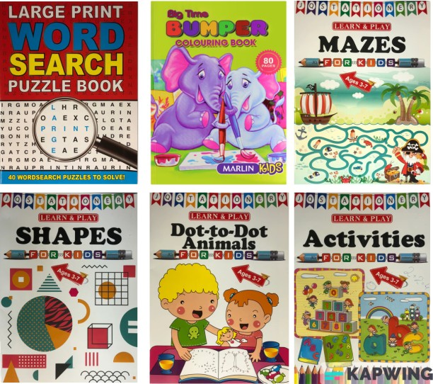 Kids Activity & Learning Book Set – 6 Educational Books for Ages 3-7 (Mazes, Dot-to-Dot, Shapes, Big Time Bumper Colouring, Word Search, Activities) by Mixed